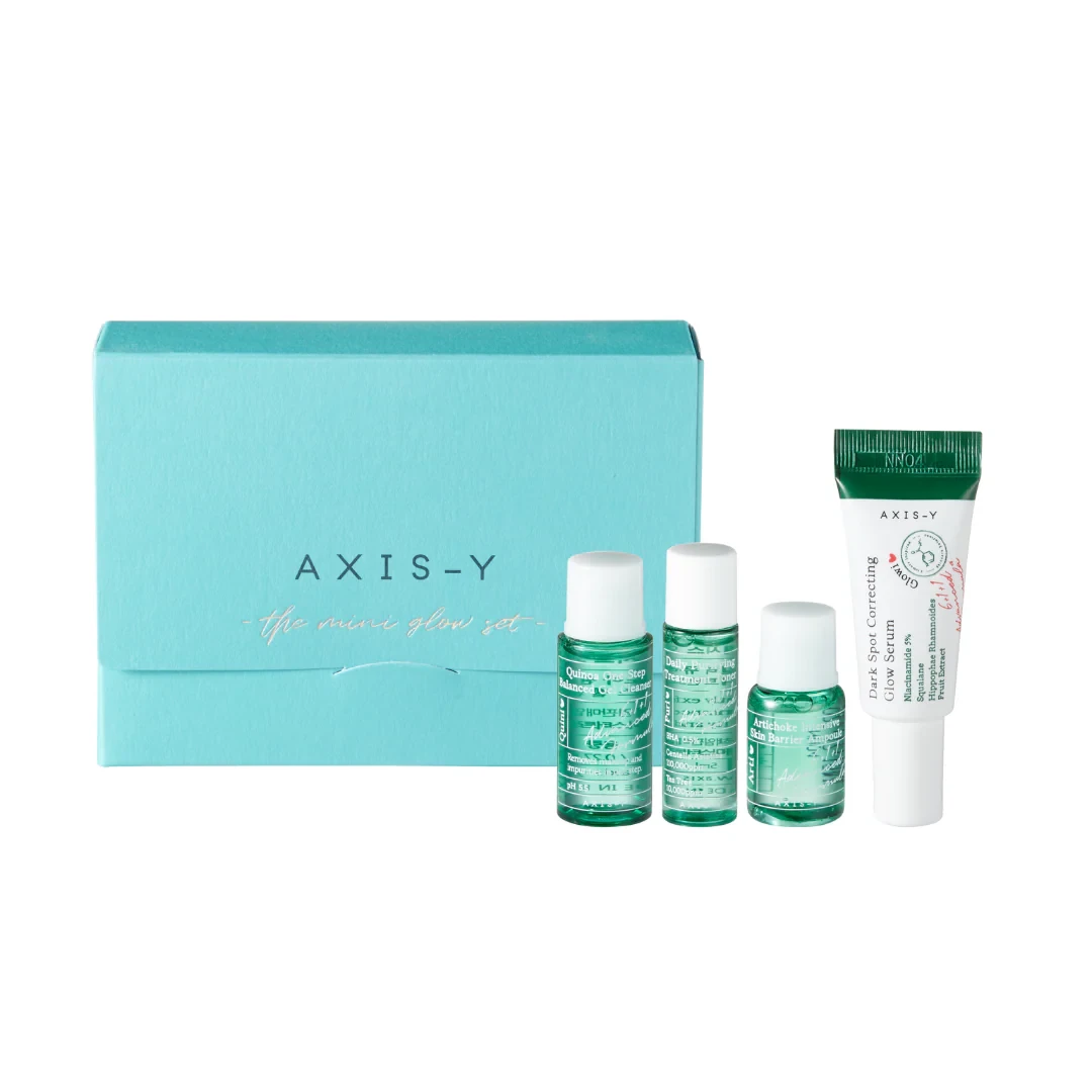 Axis-Y The Mini Glow Set travel-sized toner, serum, and moisturizer for brightening and hydration
